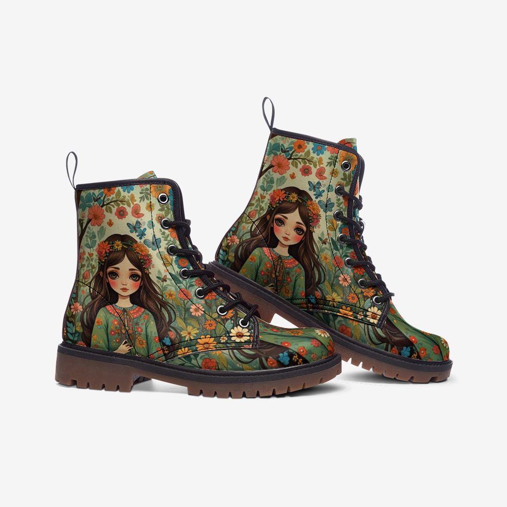 Emerald Blossoms - Boho Girl Art on Leather Lightweight Boots for Hippies