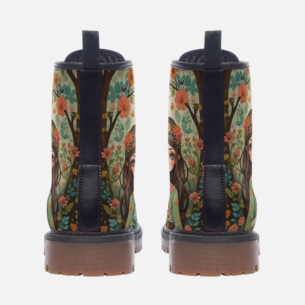 Emerald Blossoms - Boho Girl Art on Leather Lightweight Boots for Hippies