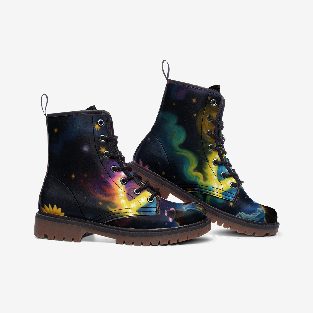 Emerald Blossoms - Peace Symbol Light, Sky Night Casual Leather Boots For Hippies