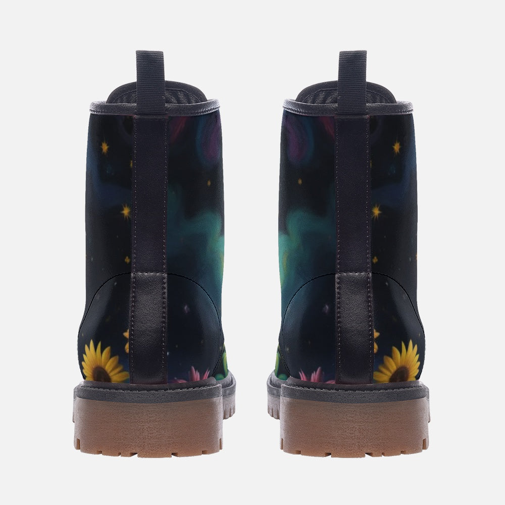 Emerald Blossoms - Peace Symbol Light, Sky Night Casual Leather Boots For Hippies