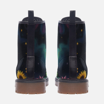 Emerald Blossoms - Peace Symbol Light, Sky Night Casual Leather Boots For Hippies