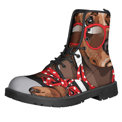 Boho-Chic Dachshund with Red Sunglasses Leather Boots - 1