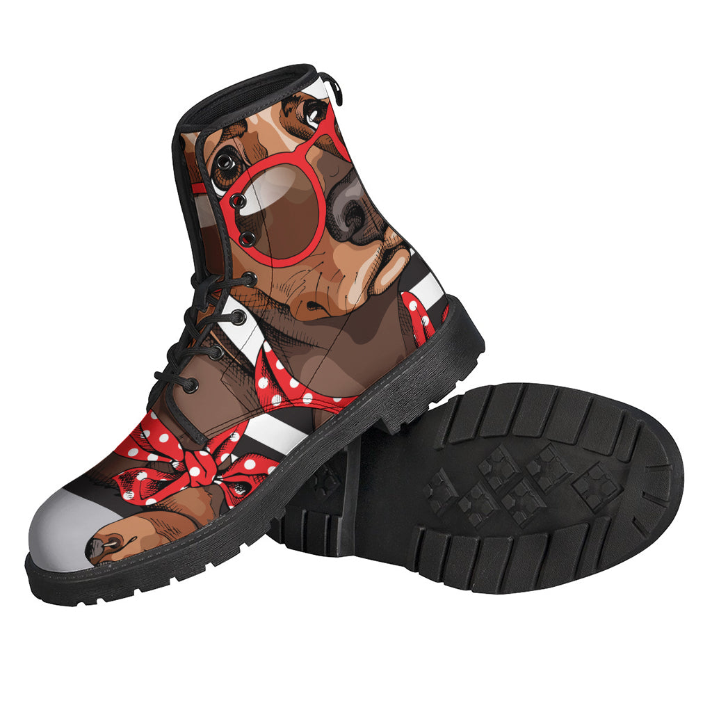 Boho-Chic Dachshund with Red Sunglasses Leather Boots - 2