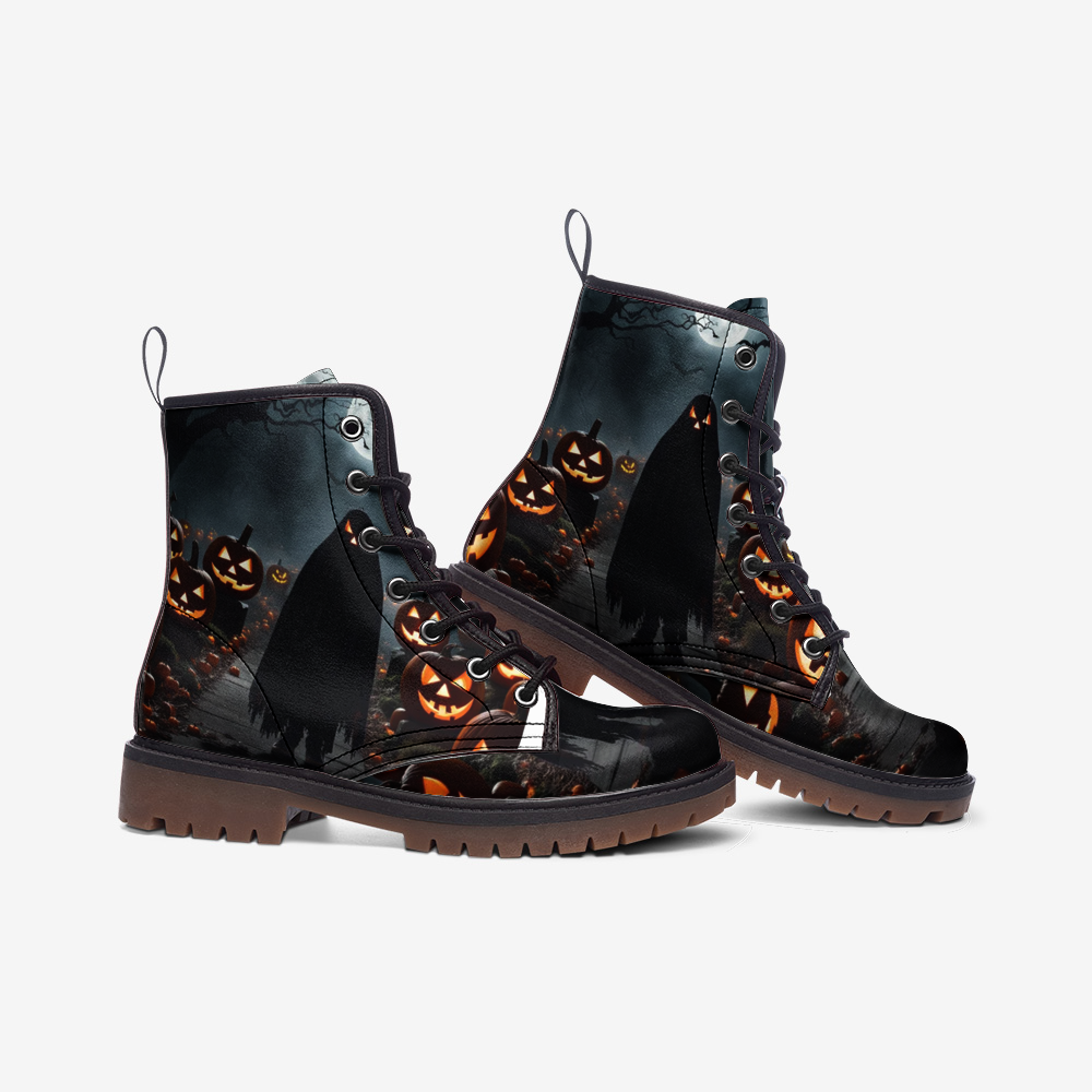 Emerald Blossoms - Horror Ghost, Spooky Halloween Pumpkin Casual Leather Lightweight Boots For Fall Festivals