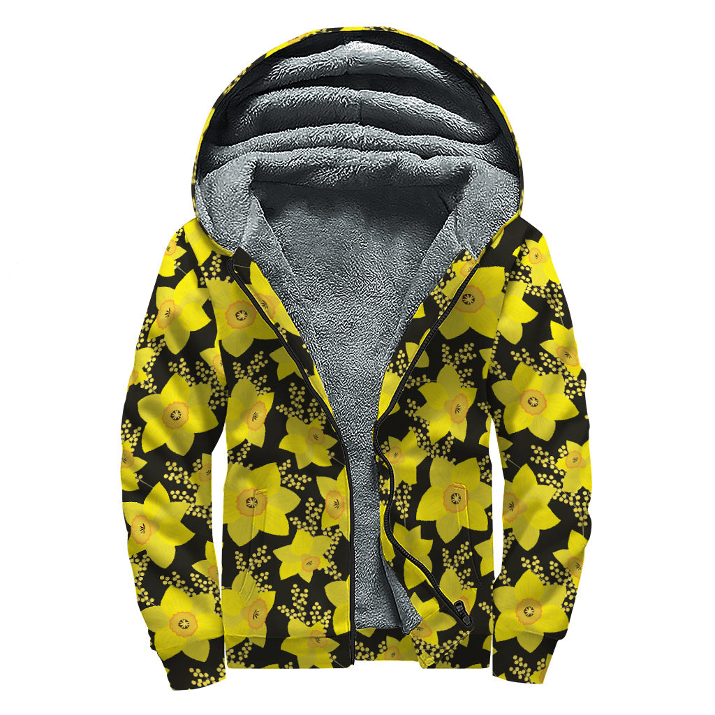 Daffodil and Mimosa Pattern Print Sherpa Lined Zip Up Hoodie for the Free-Spirited Hippie - 1