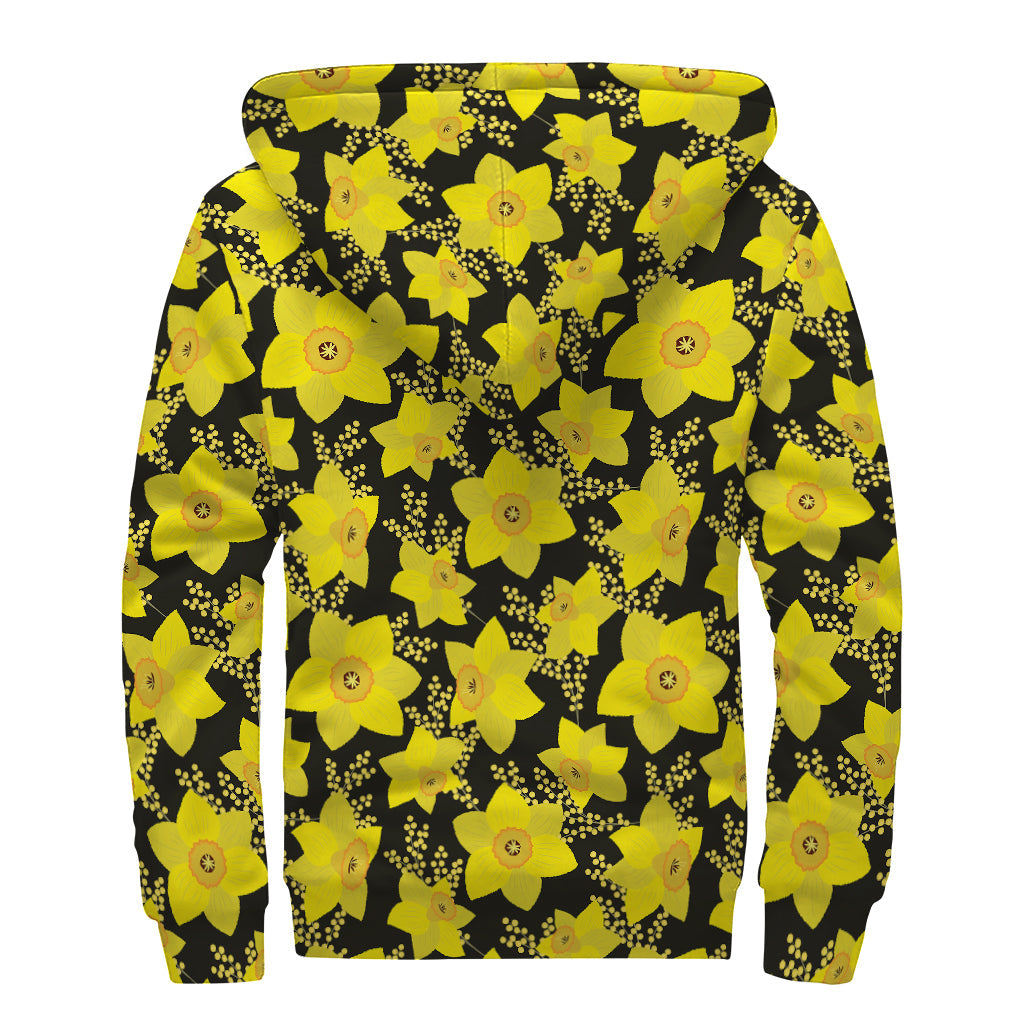 Daffodil and Mimosa Pattern Print Sherpa Lined Zip Up Hoodie for the Free-Spirited Hippie - 2