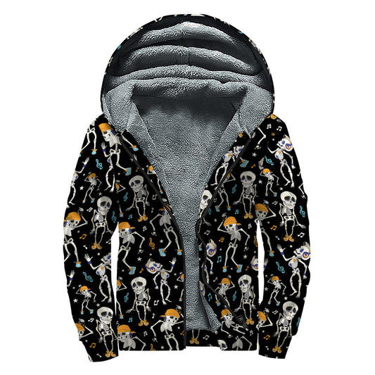 Dancing Skeleton Party Pattern Print Sherpa Lined Zip Up Hoodie: Embrace Your Inner Hippie Style - 1