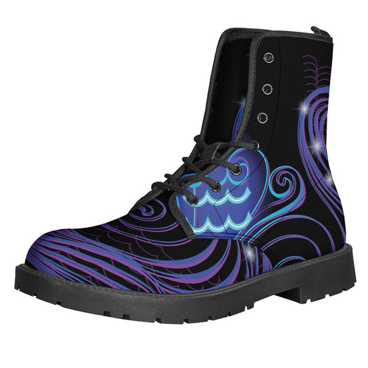 Aquarius Zodiac Sign Print Leather Boots for the Free-Spirited Hippies - 1