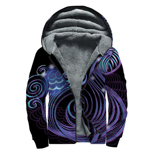 Dark Aquarius Zodiac Sign Print Sherpa Lined Zip Up Hoodie for the Free-Spirited Hippie - 1