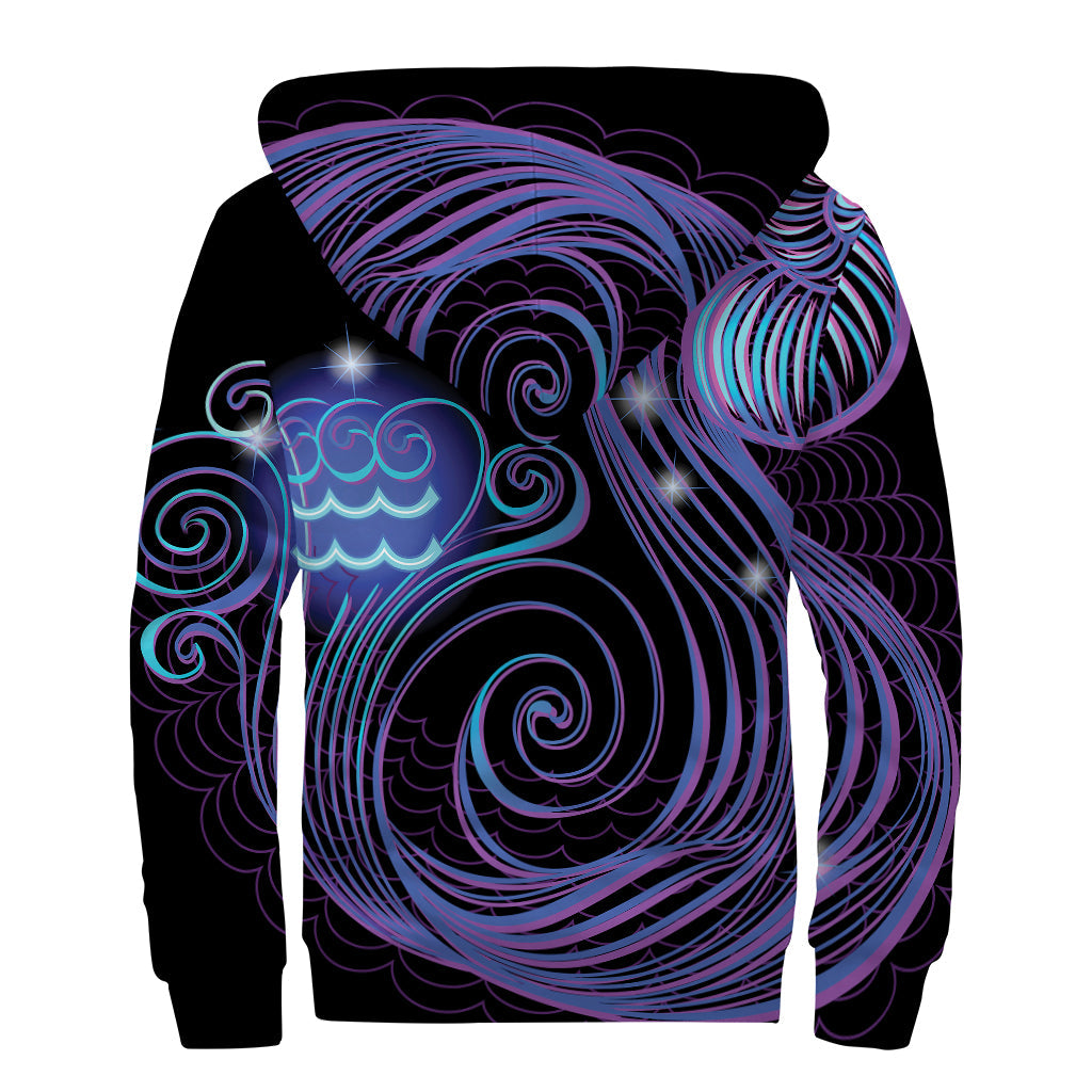 Dark Aquarius Zodiac Sign Print Sherpa Lined Zip Up Hoodie for the Free-Spirited Hippie - 2