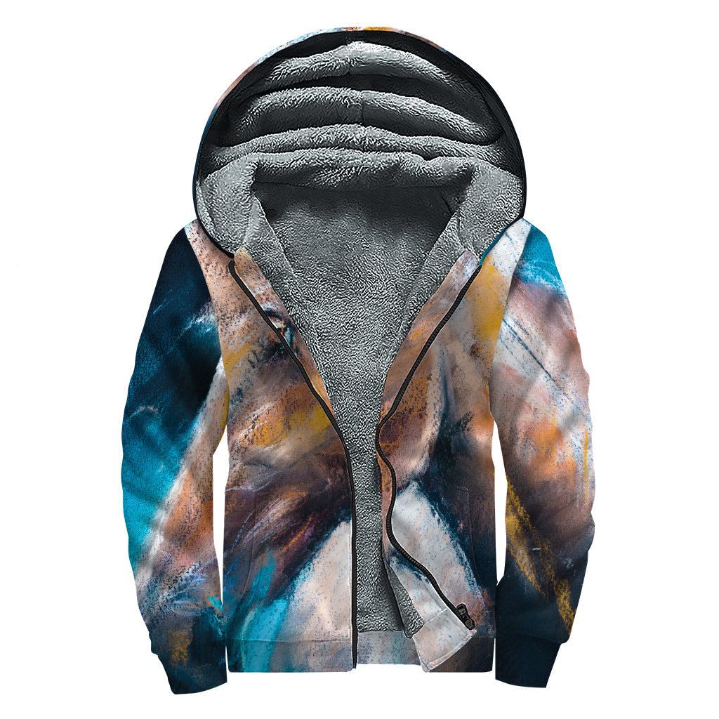 Dark Blue Horse Painting Print Sherpa Lined Zip Up Hoodie for Groovy Hippies - 1