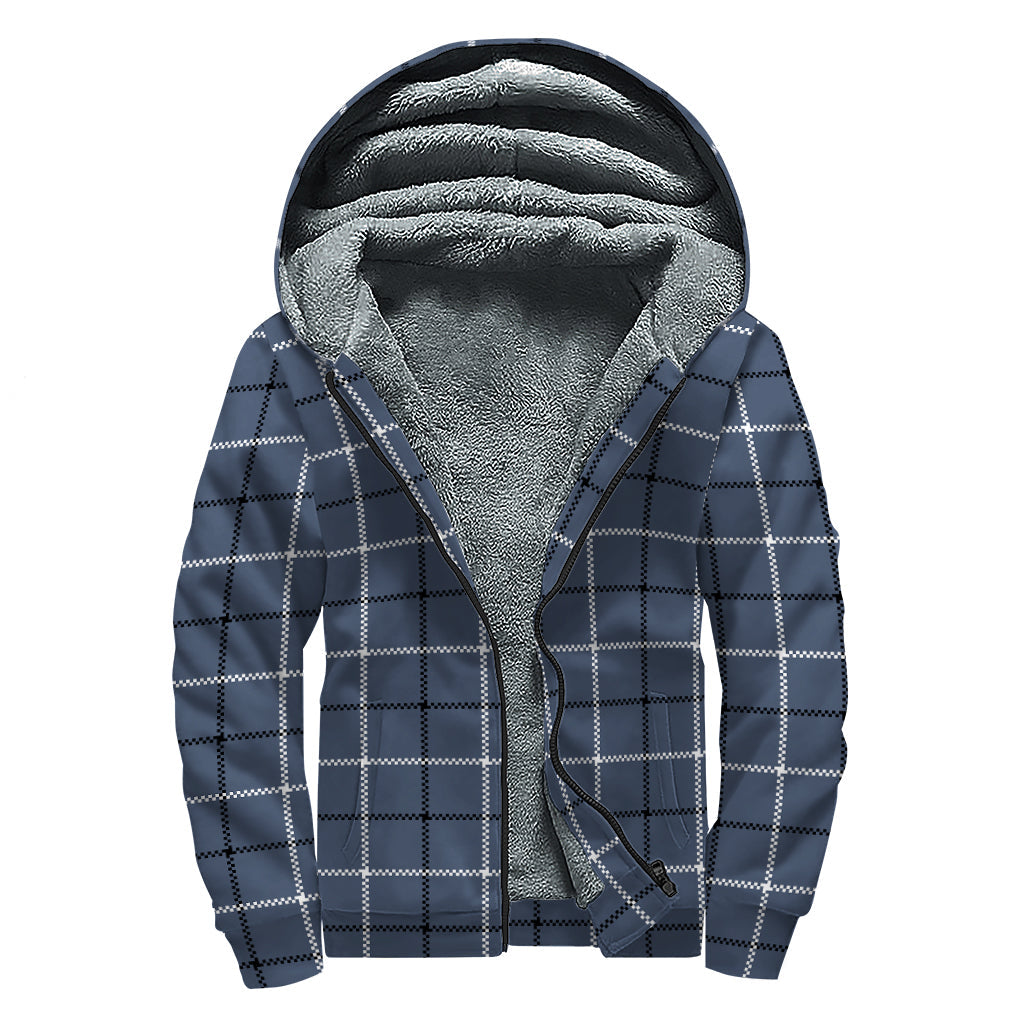 Dark Blue Tattersall Pattern Print Sherpa Lined Zip Up Hoodie for the Free-Spirited Hippie - 1