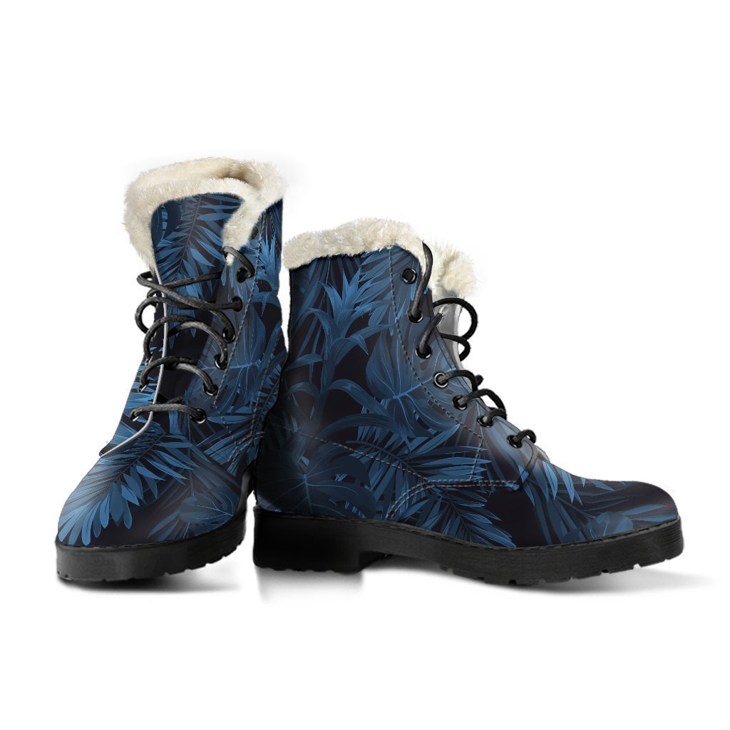 Groovy Blue Tropical Leaf Pattern Faux Fur Leather Boots for the Free-Spirited Hippie - 3