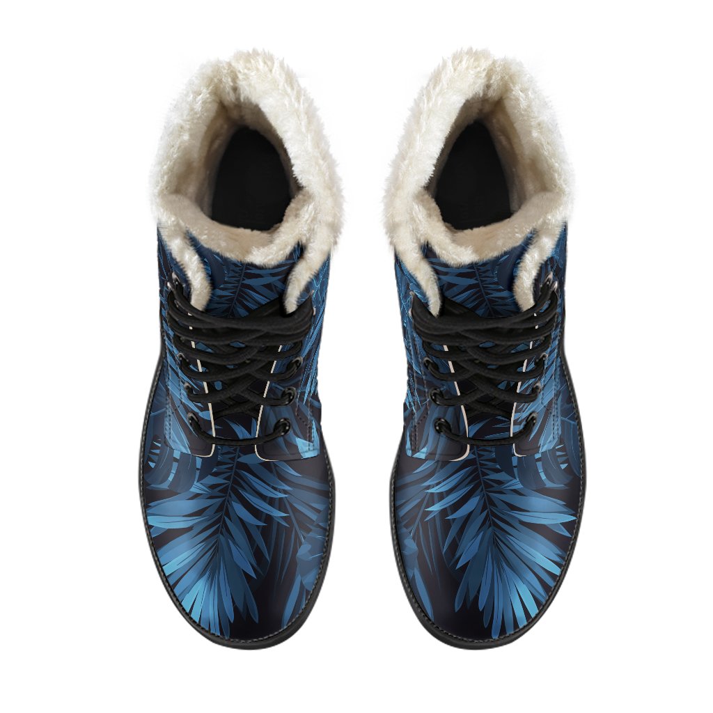 Groovy Blue Tropical Leaf Pattern Faux Fur Leather Boots for the Free-Spirited Hippie - 4