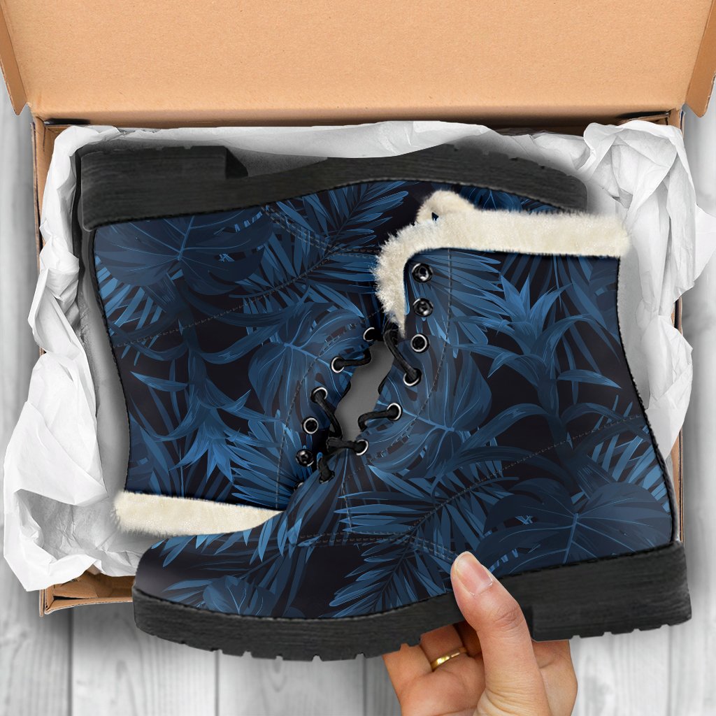 Groovy Blue Tropical Leaf Pattern Faux Fur Leather Boots for the Free-Spirited Hippie - 5