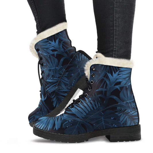 Groovy Blue Tropical Leaf Pattern Faux Fur Leather Boots for the Free-Spirited Hippie - 1