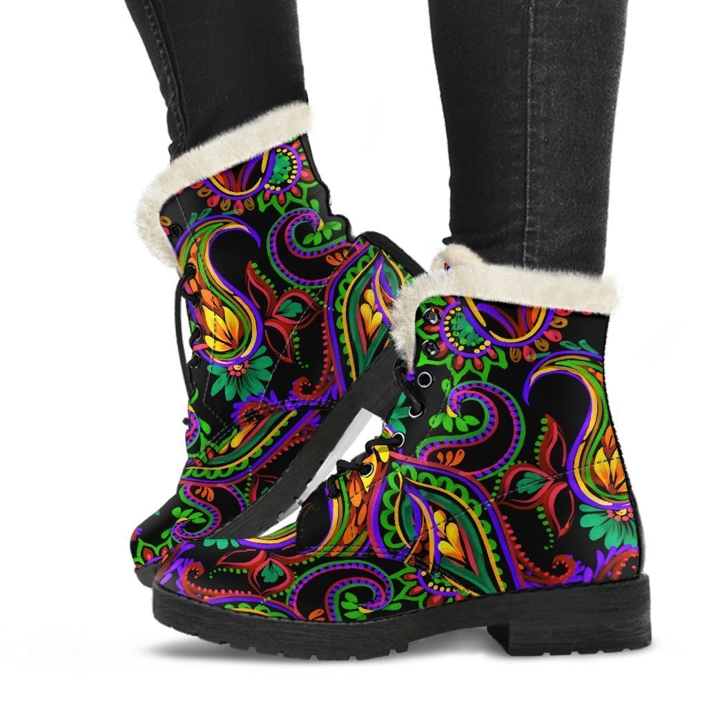 Go Boho with these Dark Paisley Faux Fur Leather Boots! - 1