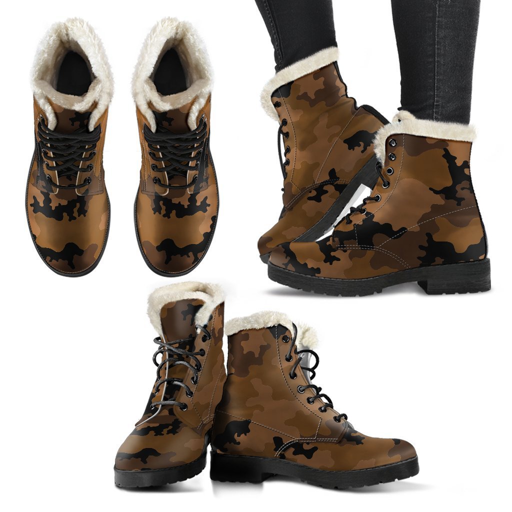 Groovy Vibes: Dark Brown Camouflage Faux Fur Leather Boots for Hippies - 2