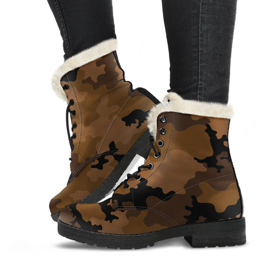 Groovy Vibes: Dark Brown Camouflage Faux Fur Leather Boots for Hippies - 1