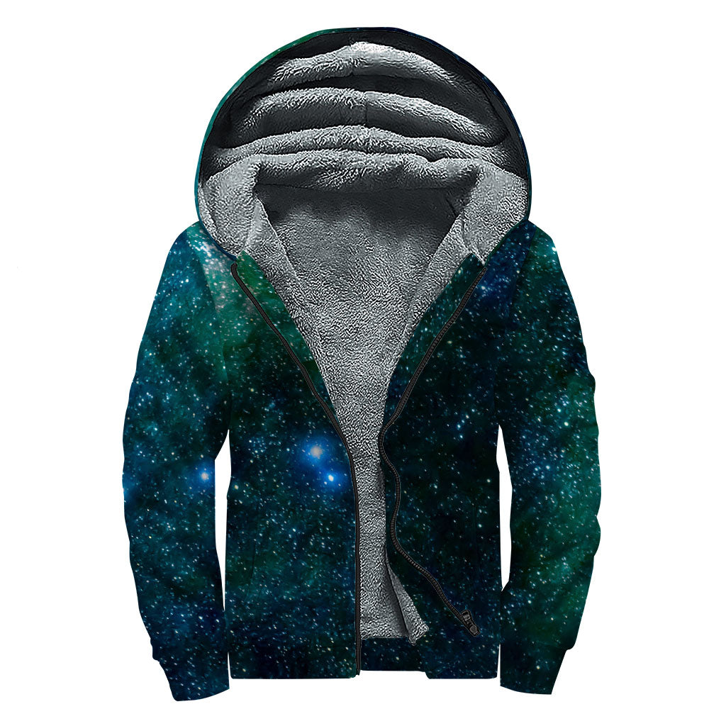 Dark Green Galaxy Space Print Sherpa Lined Zip Up Hoodie - Embrace Your Inner Hippie! - 1