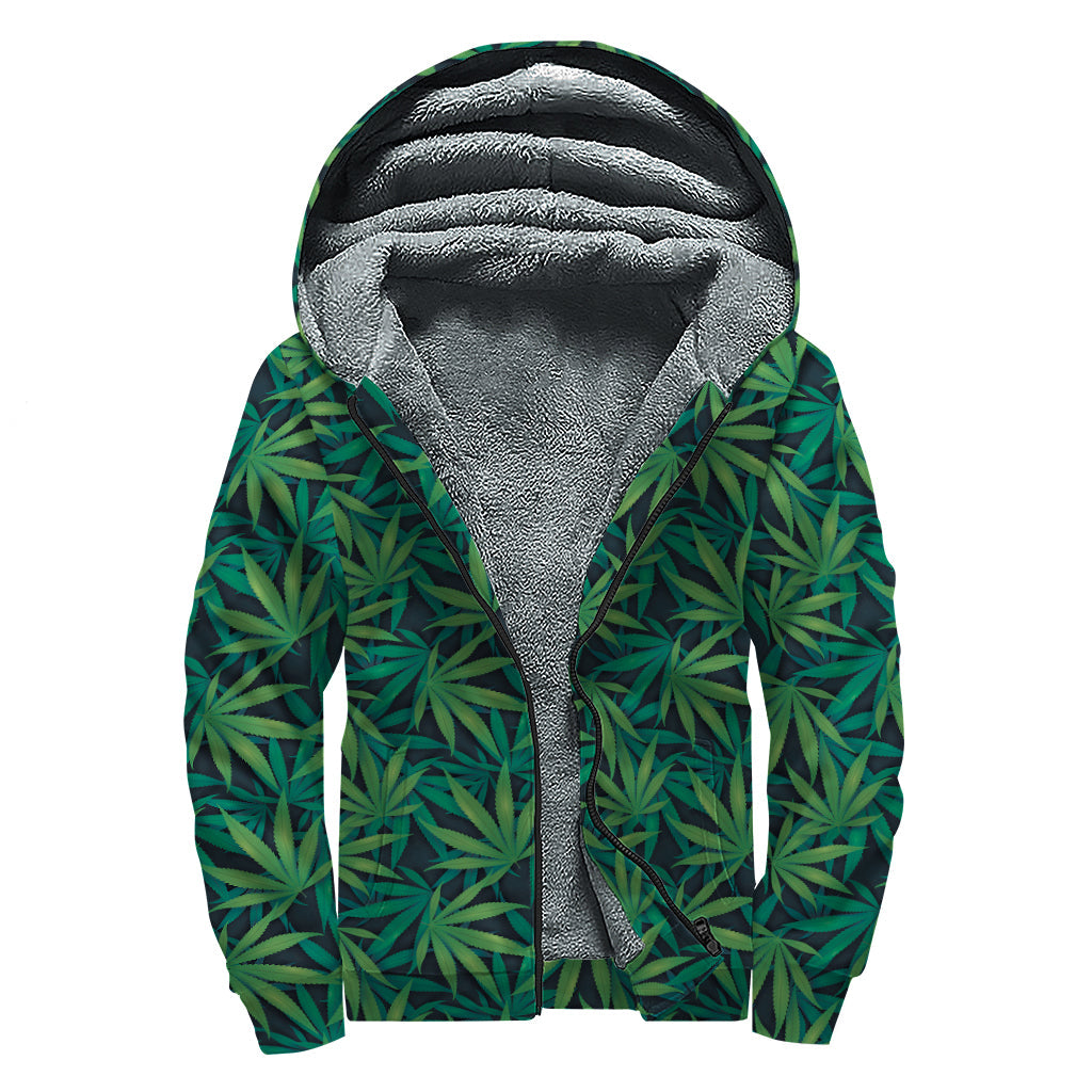 Bohemian Bliss: Dark Green Hemp Pattern Sherpa Lined Zip Up Hoodie - 1