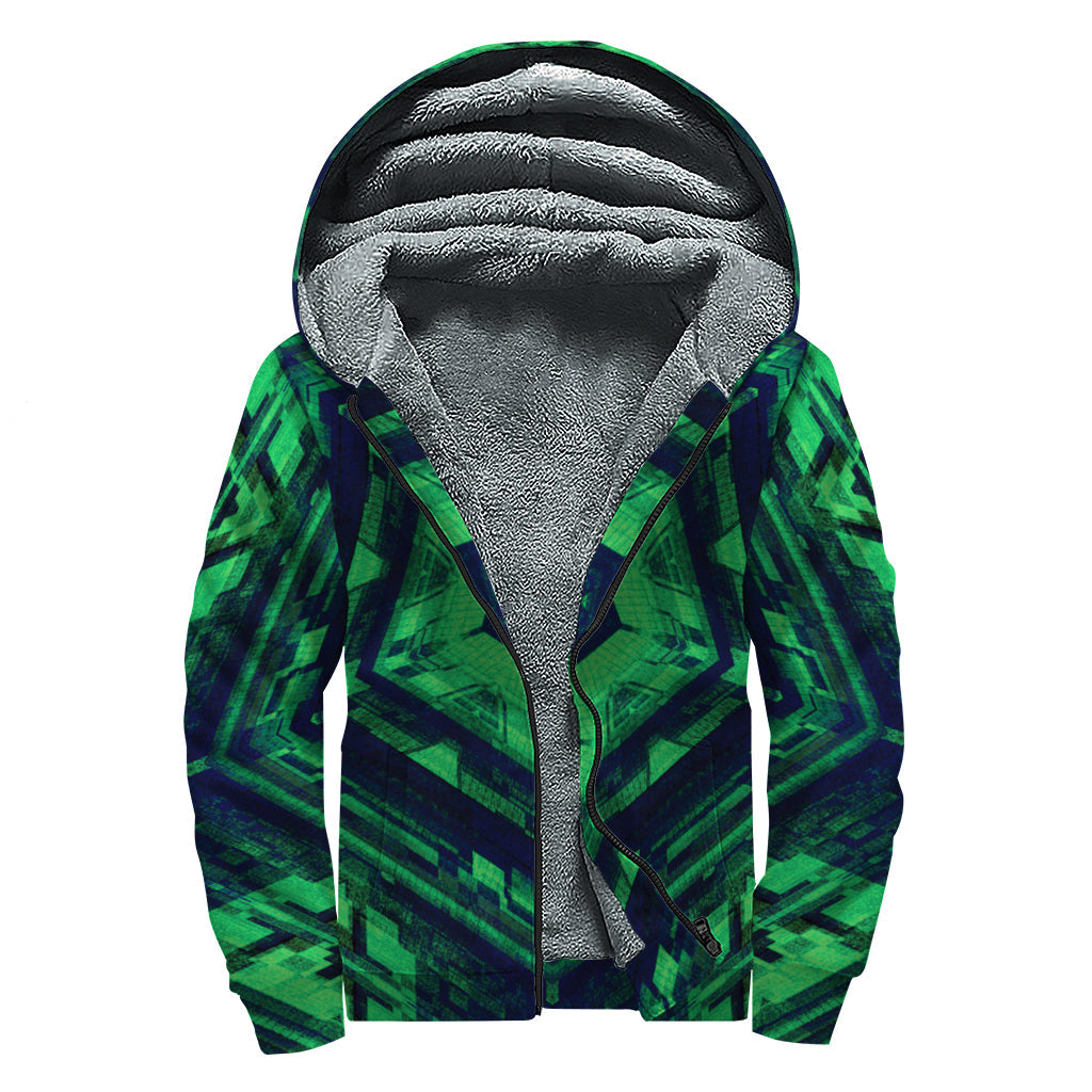 Dark Green Kaleidoscope Print Sherpa Lined Zip Up Hoodie for the Free-Spirited Hippie - 1