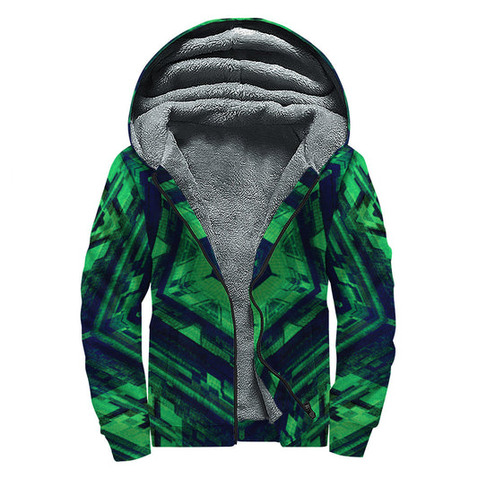 Dark Green Kaleidoscope Print Sherpa Lined Zip Up Hoodie for the Free-Spirited Hippie - 1