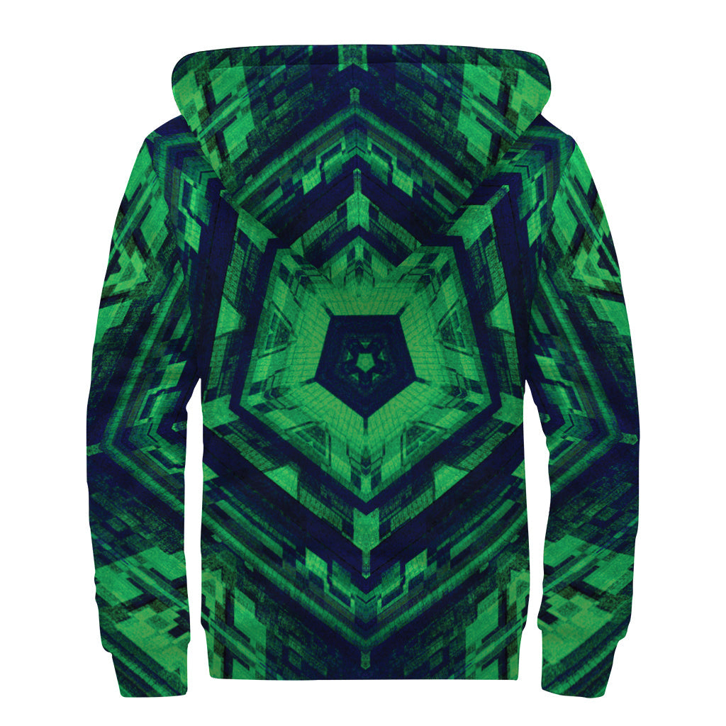 Dark Green Kaleidoscope Print Sherpa Lined Zip Up Hoodie for the Free-Spirited Hippie - 2