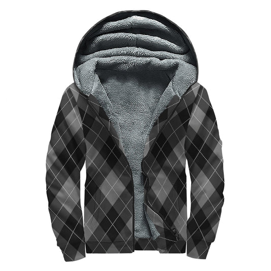 Dark Grey Argyle Patterned Sherpa Lined Zip Up Hoodie for Groovy Hippies - 1