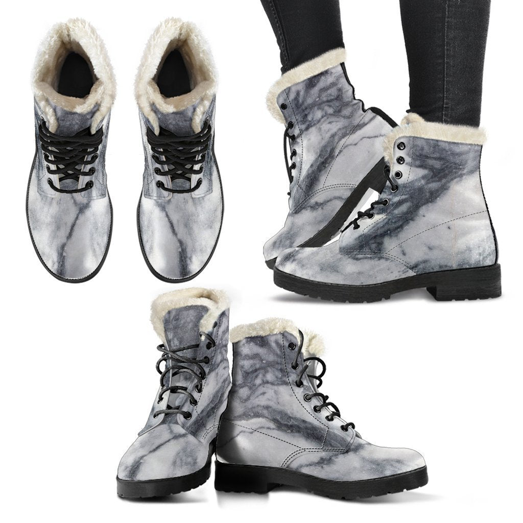 Get Groovy in Dark Grey & White Marble Print Faux Fur Leather Boots - 2