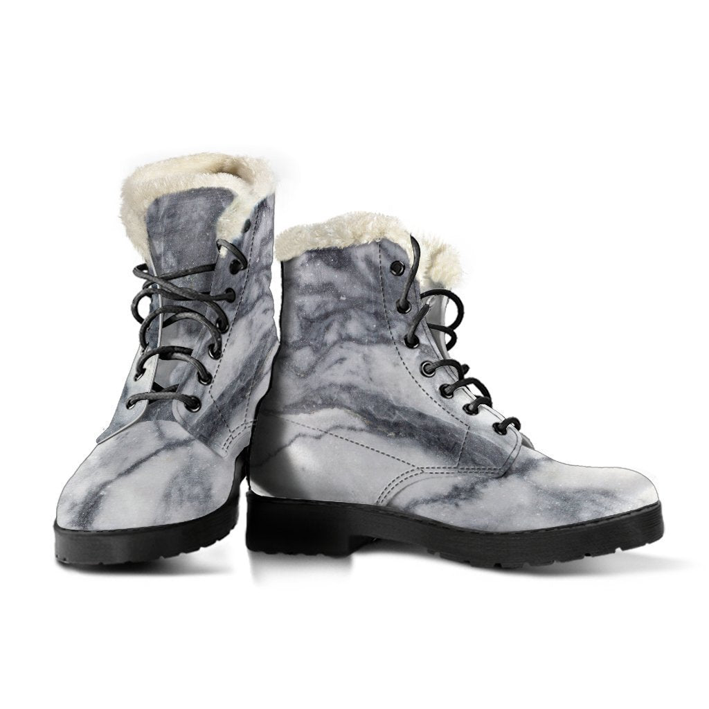 Get Groovy in Dark Grey & White Marble Print Faux Fur Leather Boots - 3