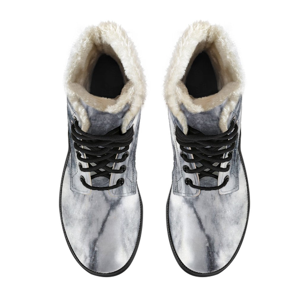 Get Groovy in Dark Grey & White Marble Print Faux Fur Leather Boots - 4