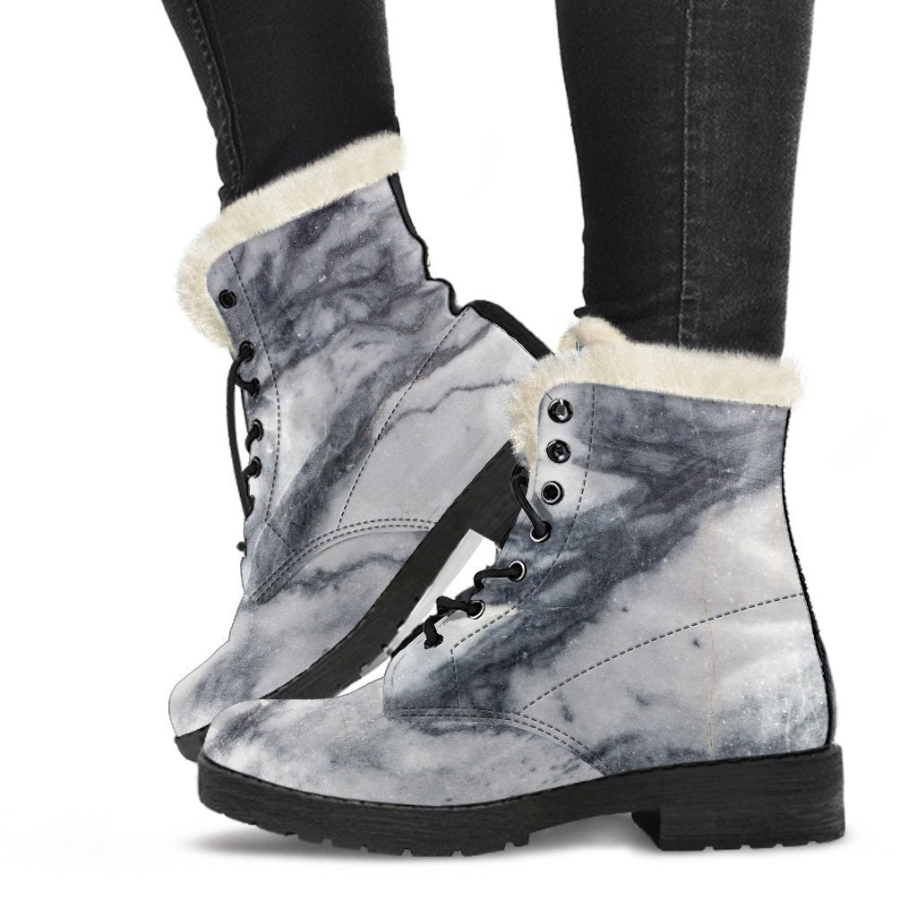 Get Groovy in Dark Grey & White Marble Print Faux Fur Leather Boots - 1