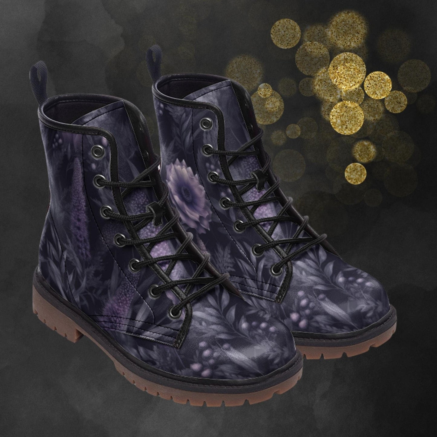 Emerald Blossoms - Dark Mystic Lavender Flower Combat Boots For Hippies