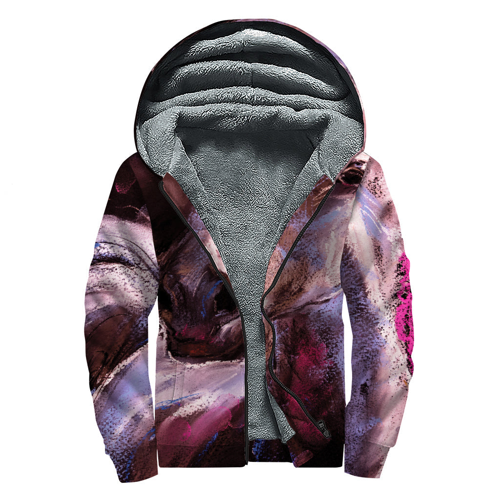 Dark Pink Horse Painting Sherpa-Lined Zip Up Hoodie - Embrace Your Inner Hippie Style - 1