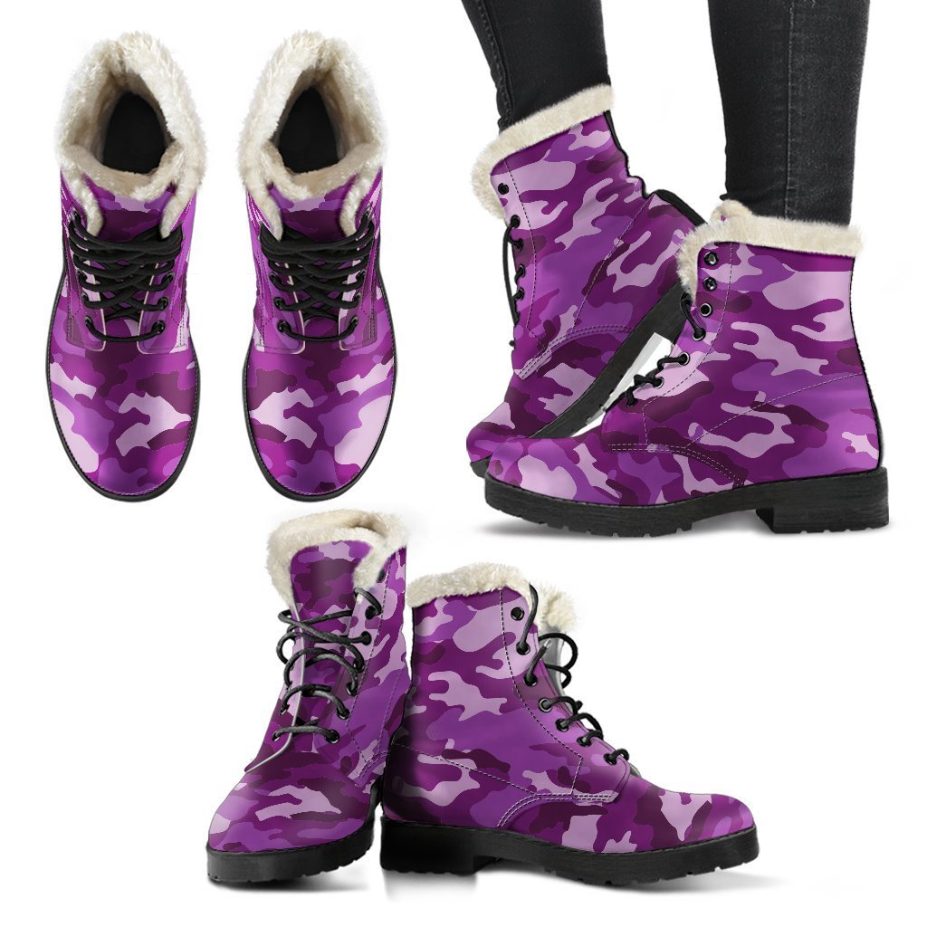 Dark Purple Camouflage Print Faux Fur Leather Hippie Boots - 2