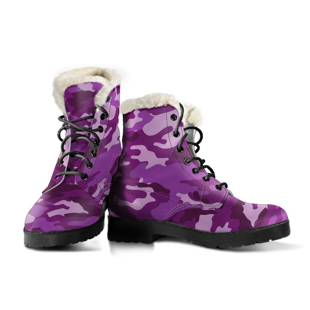 Dark Purple Camouflage Print Faux Fur Leather Hippie Boots - 3