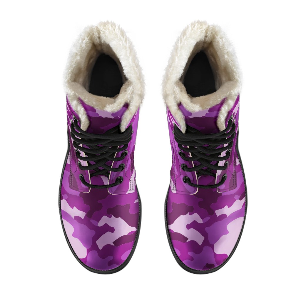 Dark Purple Camouflage Print Faux Fur Leather Hippie Boots - 4