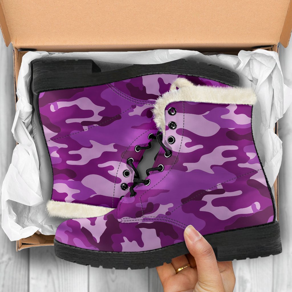 Dark Purple Camouflage Print Faux Fur Leather Hippie Boots - 5