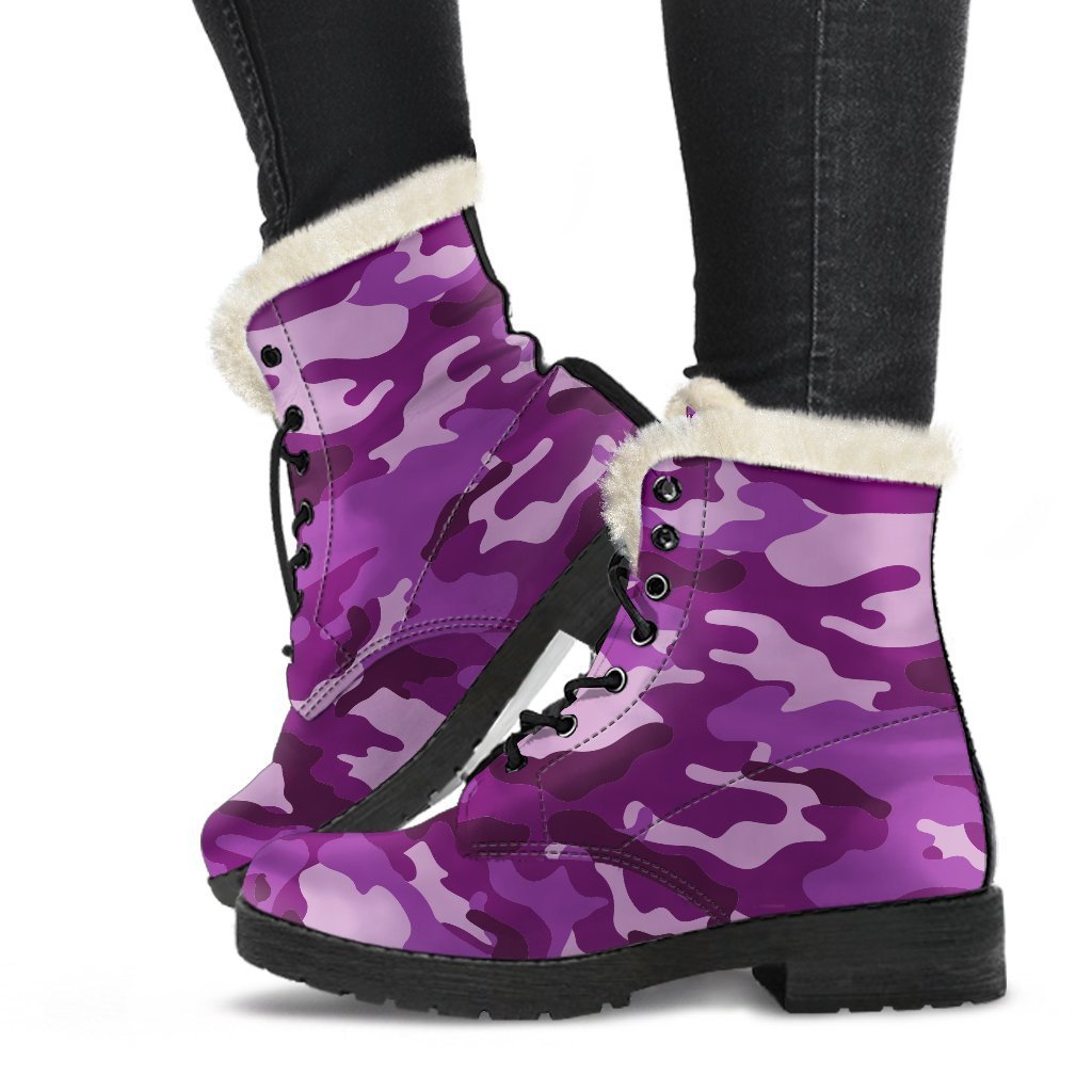 Dark Purple Camouflage Print Faux Fur Leather Hippie Boots - 1