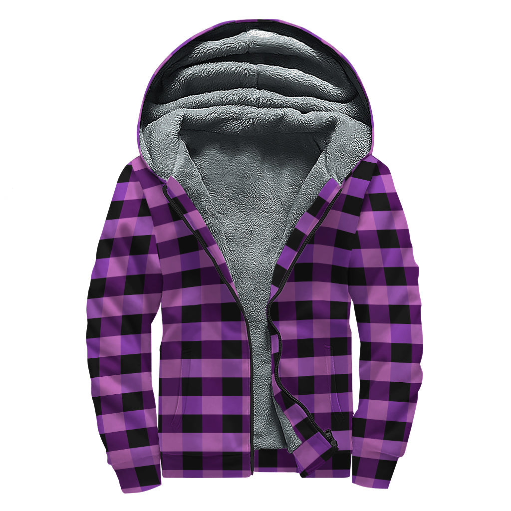 Dark Purple Check Pattern Print Sherpa Lined Zip Up Hoodie for the Groovy Hippie - 1