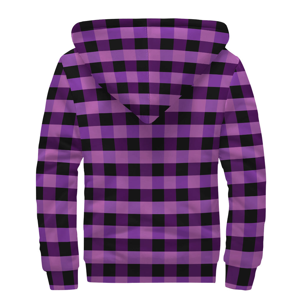 Dark Purple Check Pattern Print Sherpa Lined Zip Up Hoodie for the Groovy Hippie - 2