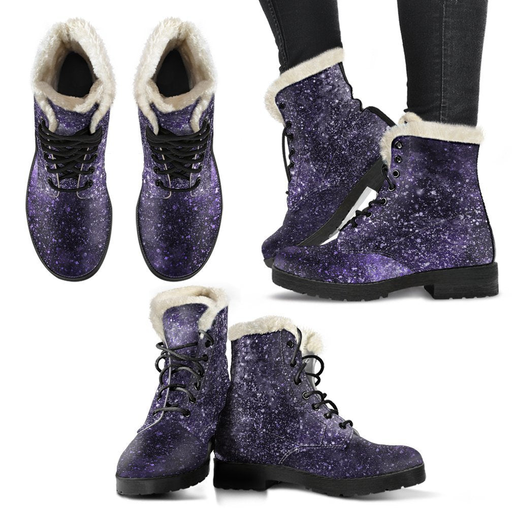 Dark Purple Cosmos Galaxy Space Print Faux Fur Leather Boots for Groovy Hippies - 2