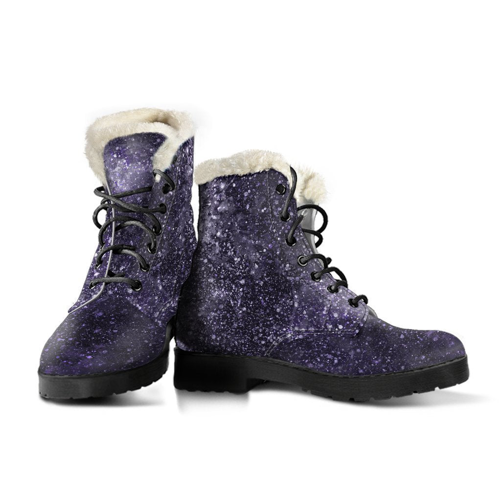 Dark Purple Cosmos Galaxy Space Print Faux Fur Leather Boots for Groovy Hippies - 3