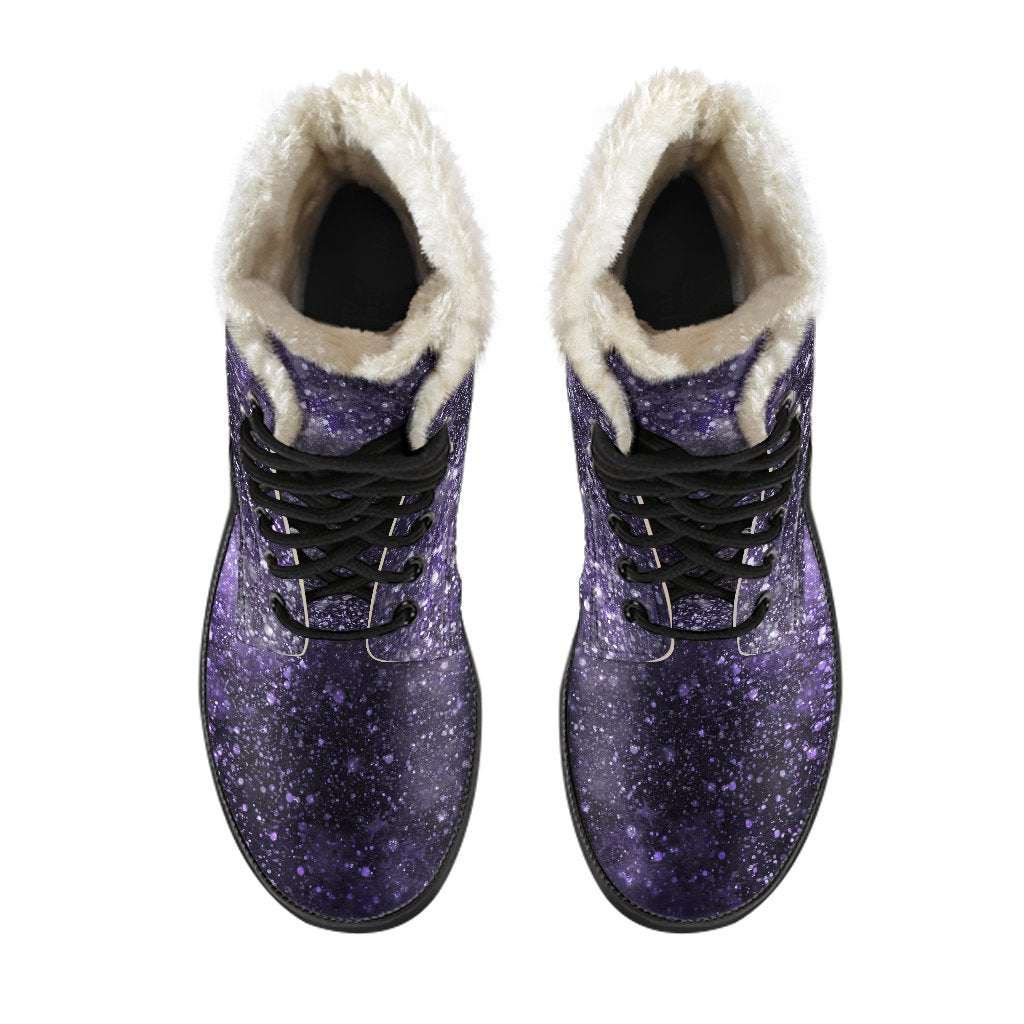 Dark Purple Cosmos Galaxy Space Print Faux Fur Leather Boots for Groovy Hippies - 4