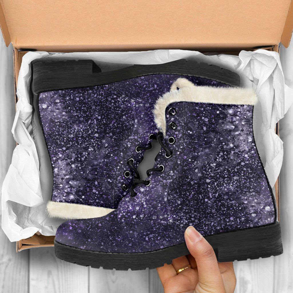 Dark Purple Cosmos Galaxy Space Print Faux Fur Leather Boots for Groovy Hippies - 5