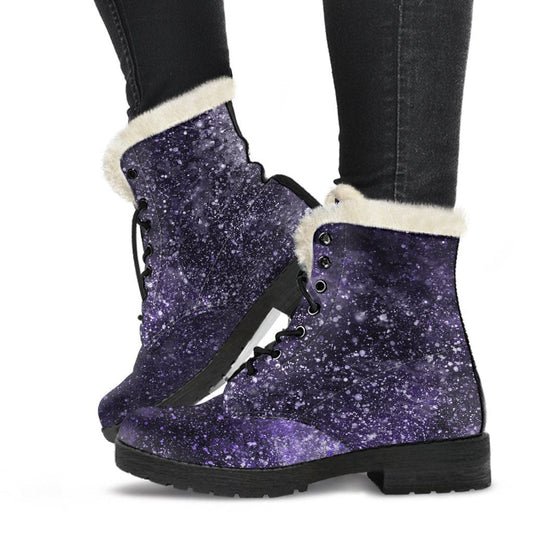 Dark Purple Cosmos Galaxy Space Print Faux Fur Leather Boots for Groovy Hippies - 1