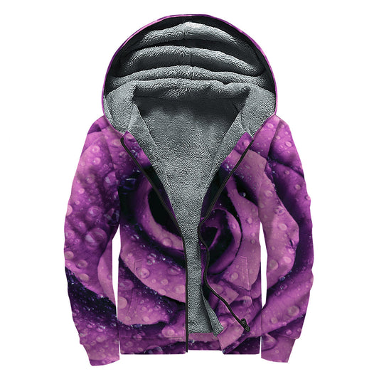 Dark Purple Rose Print Hippies Sherpa Lined Zip Up Hoodie - 1