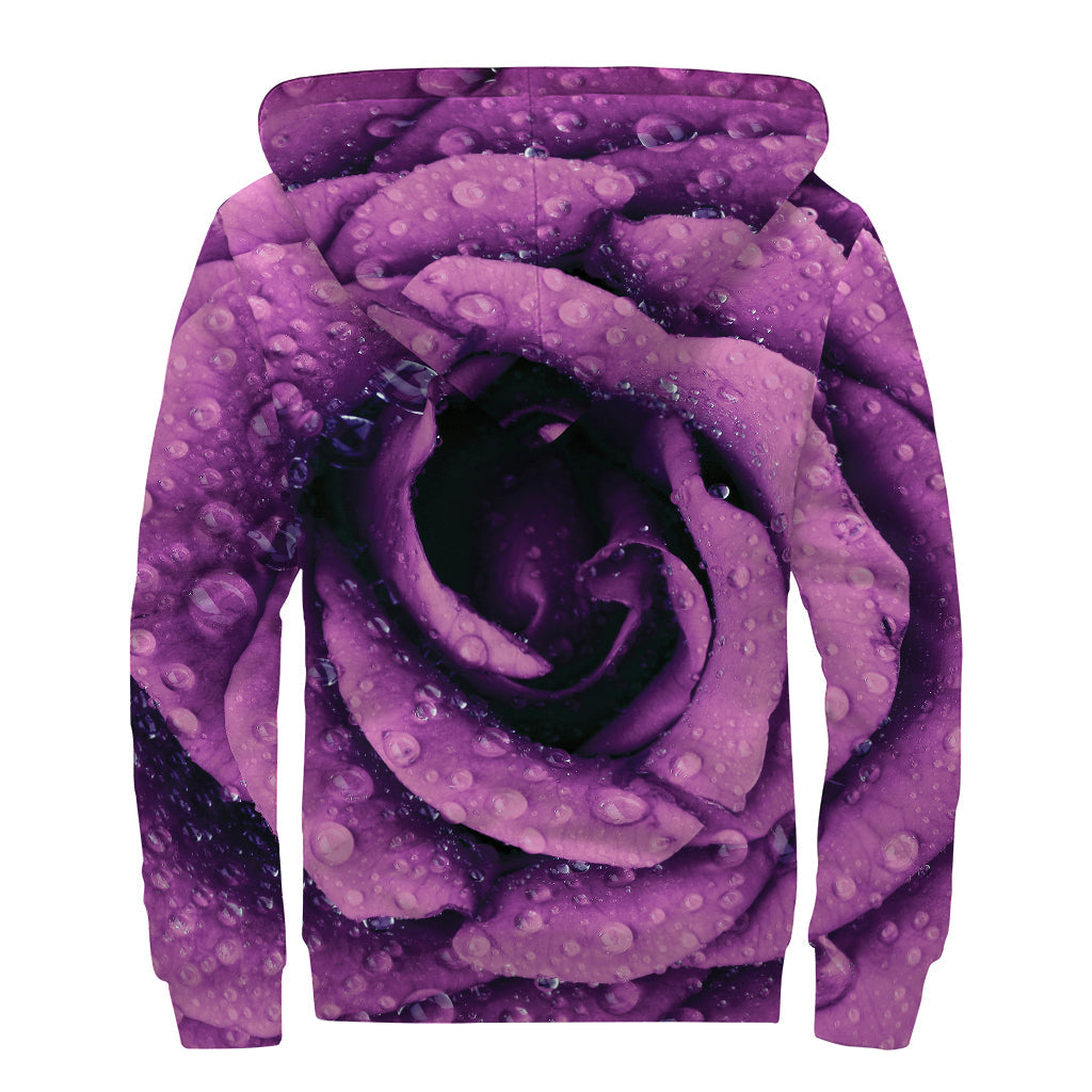 Dark Purple Rose Print Hippies Sherpa Lined Zip Up Hoodie - 2