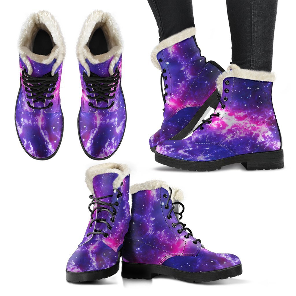 Dark Purple Universe Galaxy Space Print Faux Fur Leather Boots for Trendy Hippies - 2